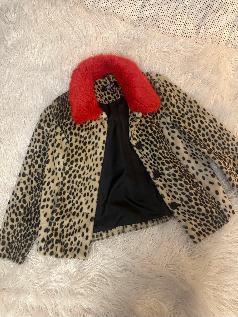Fairchild Leopard Print Teddy Jacket with Red Faux Fur Collar M NWOT